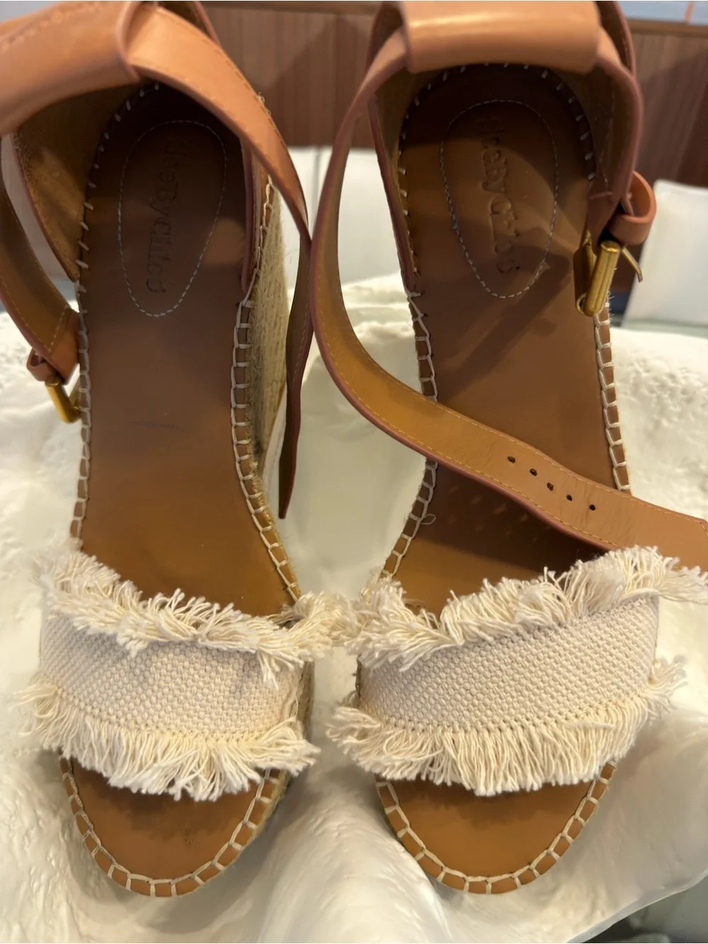 Chloe Tan and Cream Espadrille Wedge Sandals